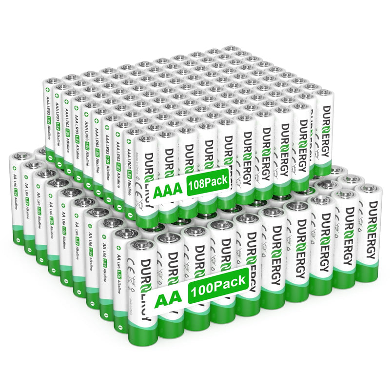 DURNERGY AA and AAA Batteries Combo Pack of 208 108pcs Triple A Batteries 100pcs Double A Battery Alkaline 1.5 Volt Remote Batteries Variety Pack AAA AA