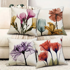 Set of 4 Linen Floral Pillow Covers for Home Decor