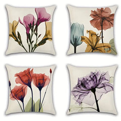 Set of 4 Linen Floral Pillow Covers for Home Decor