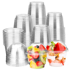 BALDCC 8 oz 50 Set Clear Plastic Cups with Dome Lids (No Hole) Fruit Cups Dessert CupsDisposable Clear PET Dessert Cups for Cold Drinks Fruit Ice Cream CupcakeYogurt