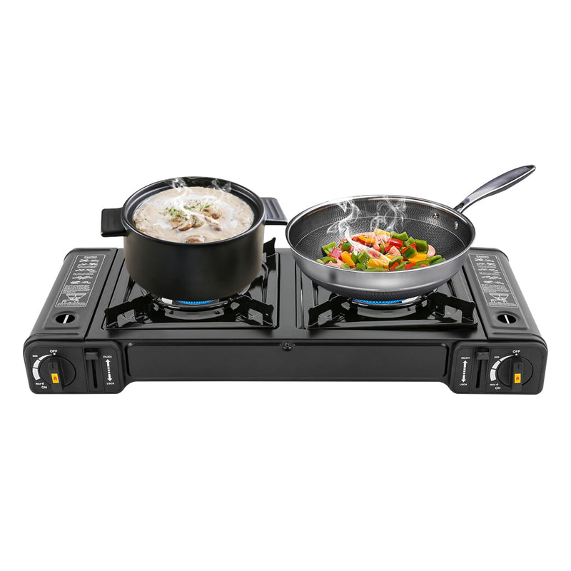 Portable Dual Burner Butane Camping Stove with Carrying Case