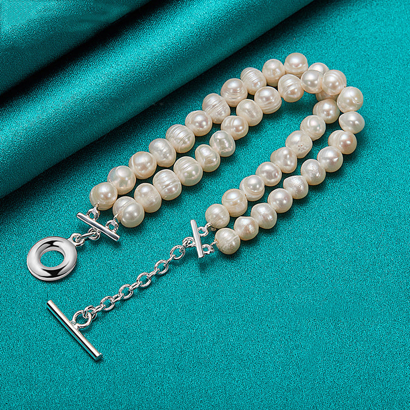 Double Row Chain Bracelet with 8mm Freshwater Pearls
