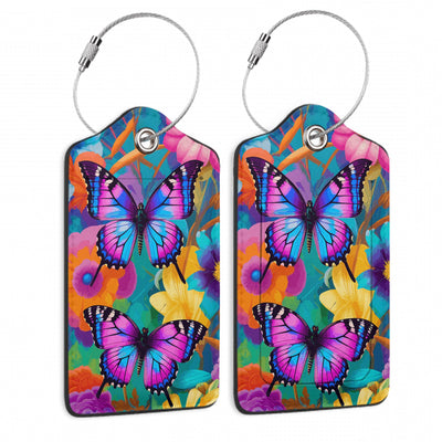 2 Pack Luggage Tags Groovy Flowers Butterflies Tags with Stainless Steel Loop and Privacy Cover for Women Men Travel Luggage Accessories