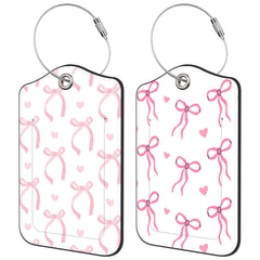 Pink Bows Luggage Tag for Suitcase 2 Pack Leather Luggage Tag with Privacy Flap Name ID Label and Metal Loop for Women Men Travel