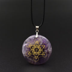 Natural Black Obsidian Amethyst Flower of Life Pendant