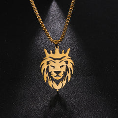 Men's Gold Lion Head Pendant Necklace, Punk Style