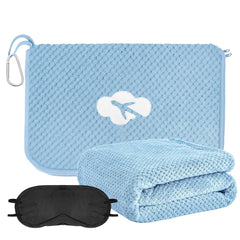 Travel Blanket and Pillow Compact Premium Soft 3 in 1 Airplane Blanket with Soft Bag Pillowcase，Hand Luggage Sleeve Backpack Clip and Eye Mask (Jacquard Blue)