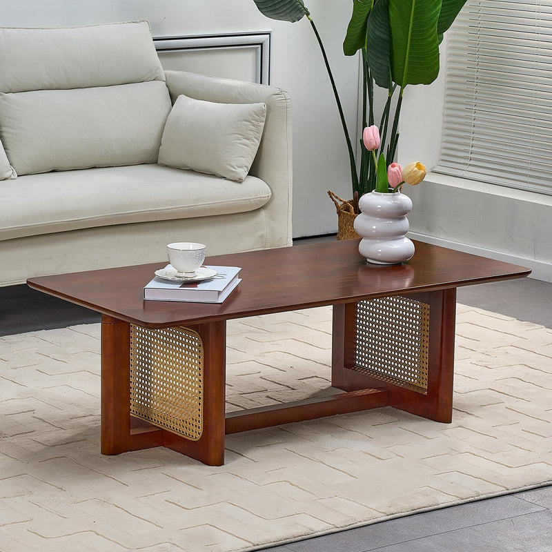 Rattan Coffee Table 42.5 Inch Rectangular Solid Wood