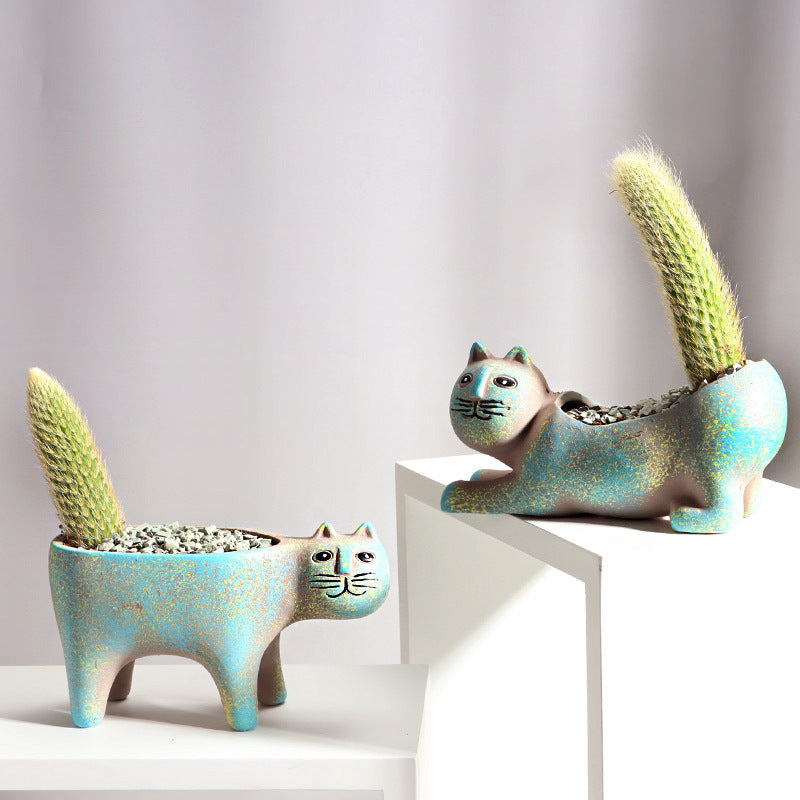 Cute Cat Ceramic Flower Pot for Indoor Succulents