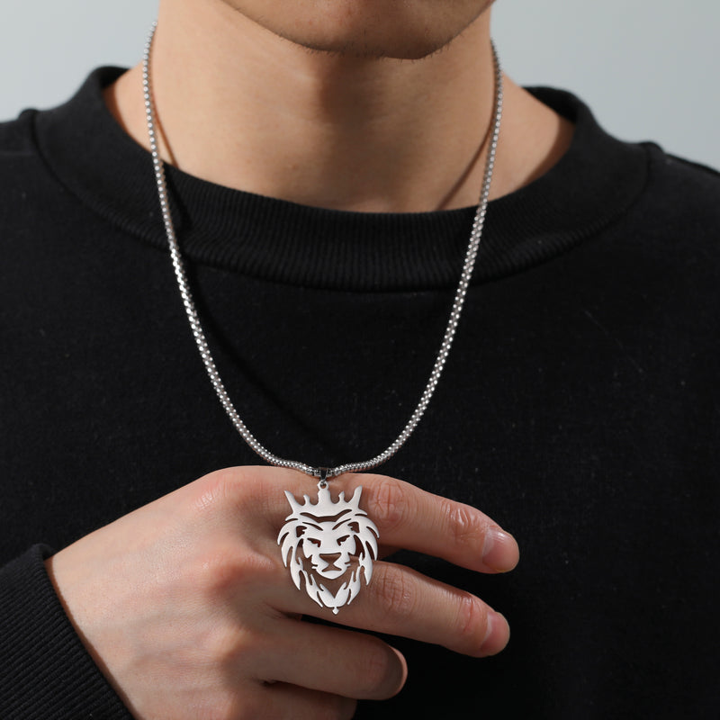 Men's Gold Lion Head Pendant Necklace, Punk Style