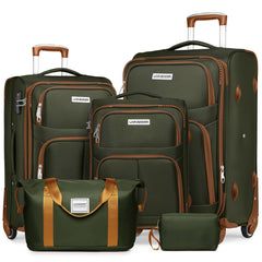 LARVENDER Luggage Sets 5 Piece Softside Expandable Suitcases Set with Spinner Wheels TSA Lock Lightweight Soft Shell Rolling Travel Luggage Set Clearance for Men and Women Green Brown