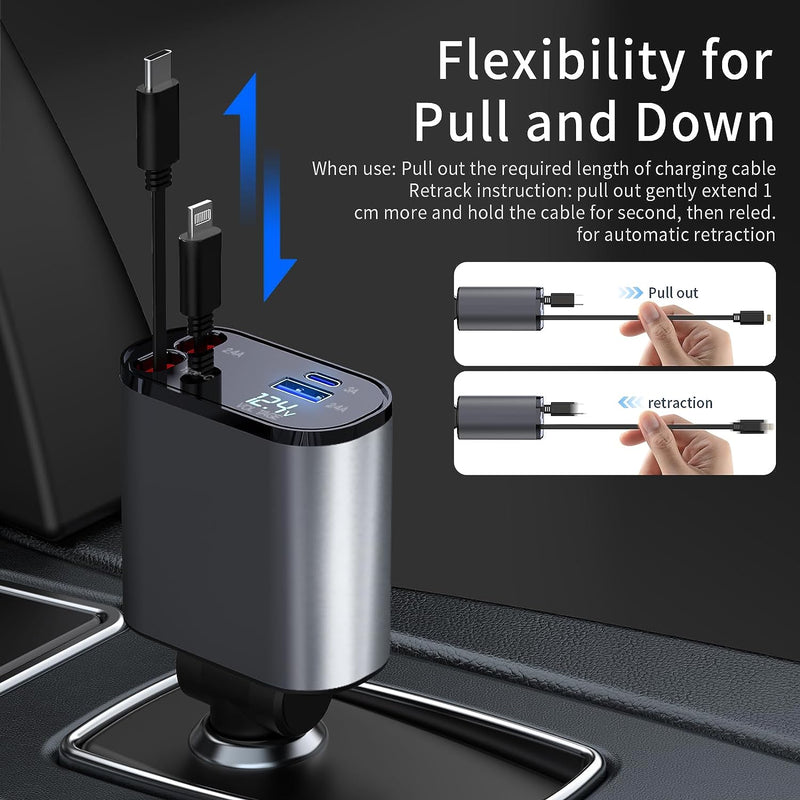 Retractable Car Charger, 4 in 1 Fast Car Phone Charger 66W