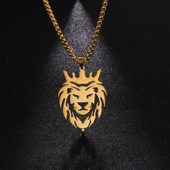 Men's Gold Lion Head Pendant Necklace, Punk Style