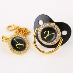 Luxury Black Gold Baby Pacifier with Clip, Letter M